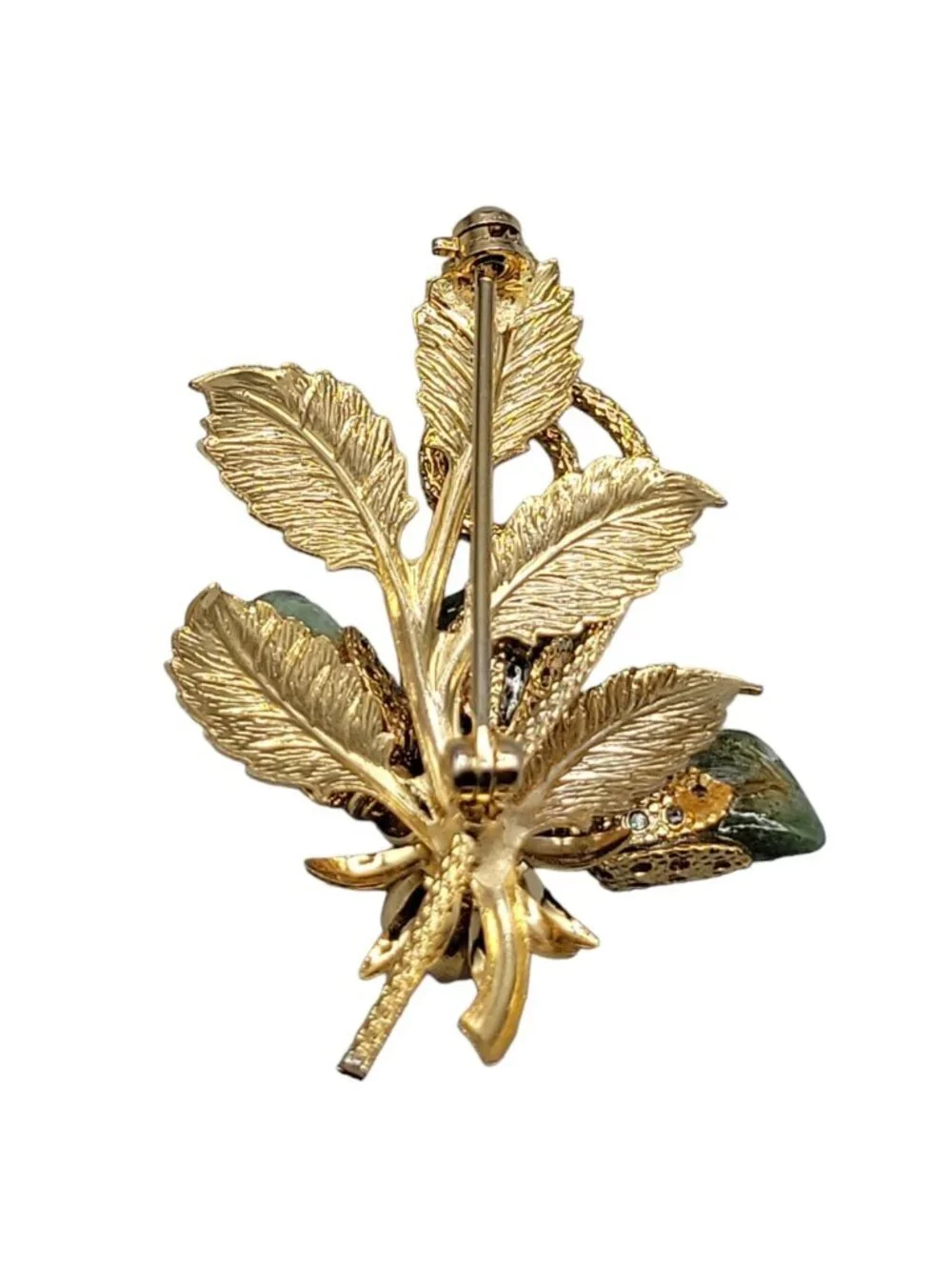 Gold Plated Jade Faux Pearl Flower Brooch Textured Leaves Detailed Design